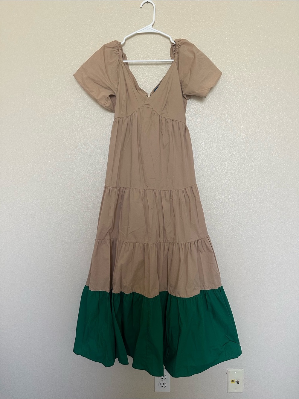 Two-Tone Tan and Forest Green Tiered Maxi Dress